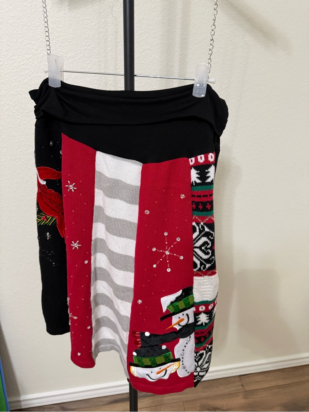 Festive Red & Black Snowman Sweater Patchwork Skirt